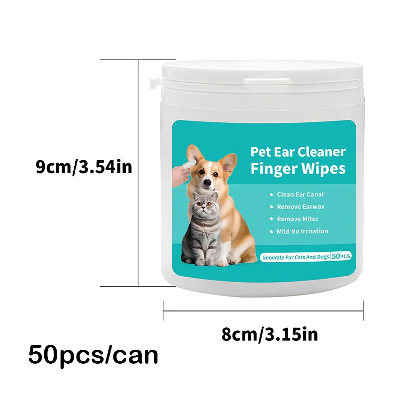 Pet Ear Cleaning Wipes – Fingertip Care for Cats & Dogs, Removes Mites & Debris 50pcs/can