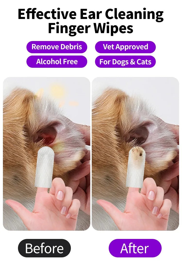 Pet Ear Cleaning Wipes – Fingertip Care for Cats & Dogs, Removes Mites & Debris 50pcs/can
