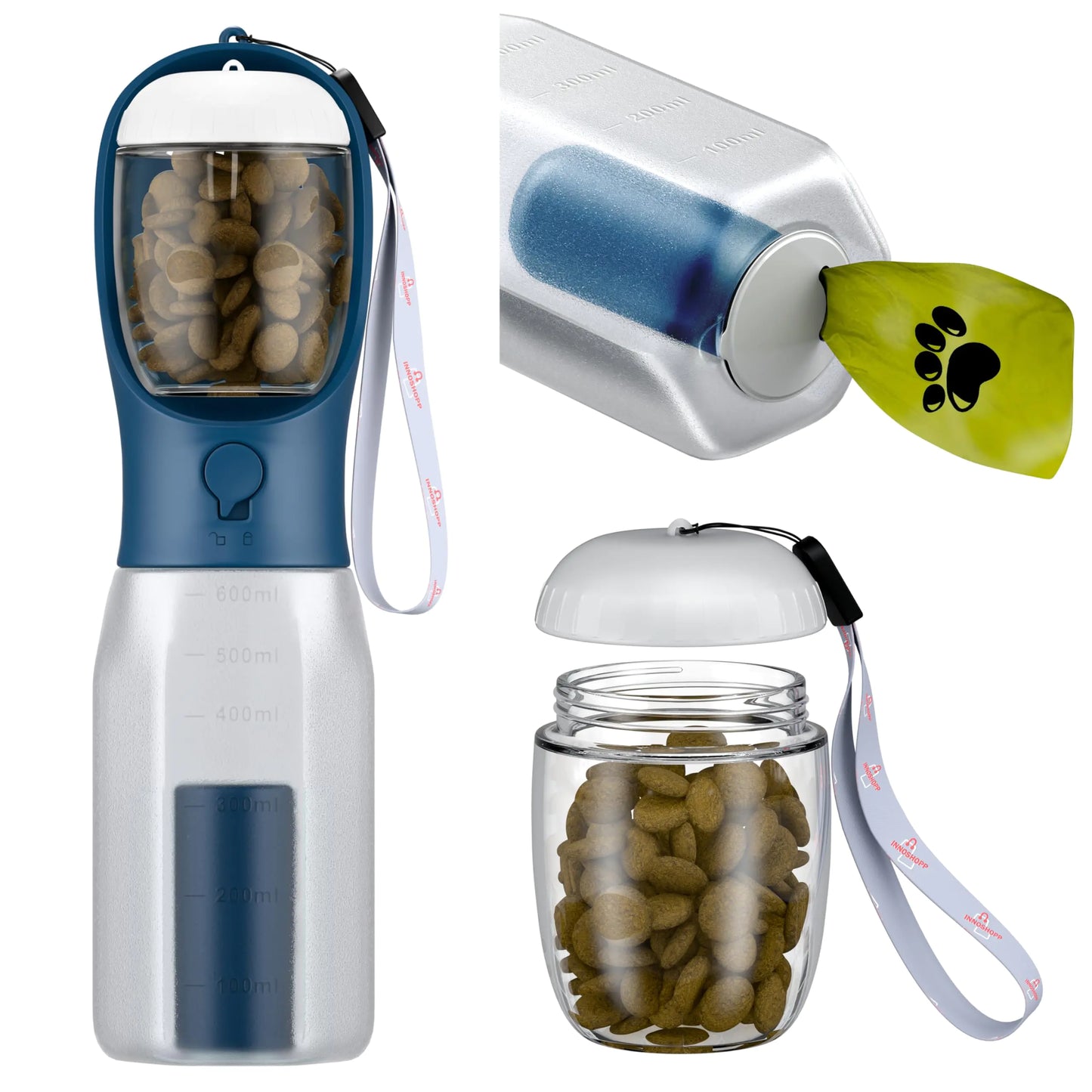 Portable Pet Water Bottle with Food Container & Poop Bag Dispenser