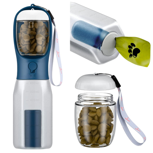 Portable Pet Water Bottle with Food Container & Poop Bag Dispenser